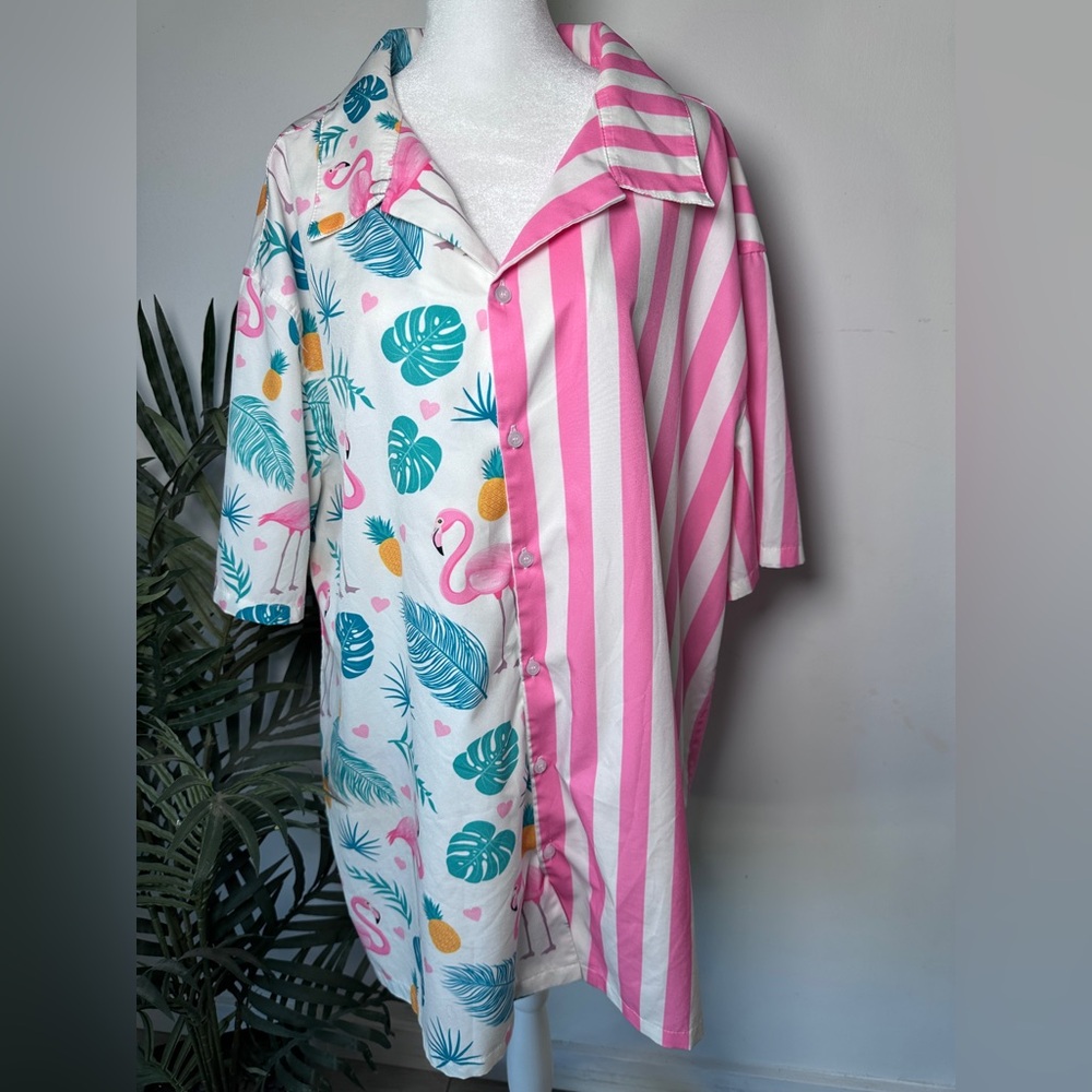 Men’s Striped Tropical Summer Beach Flamingo Hawaiian T Shirt size 2X